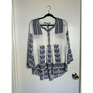 Pale Sky Women's Blouse L Blue White Embroidered Pleated Boho Peasant Top Rayon